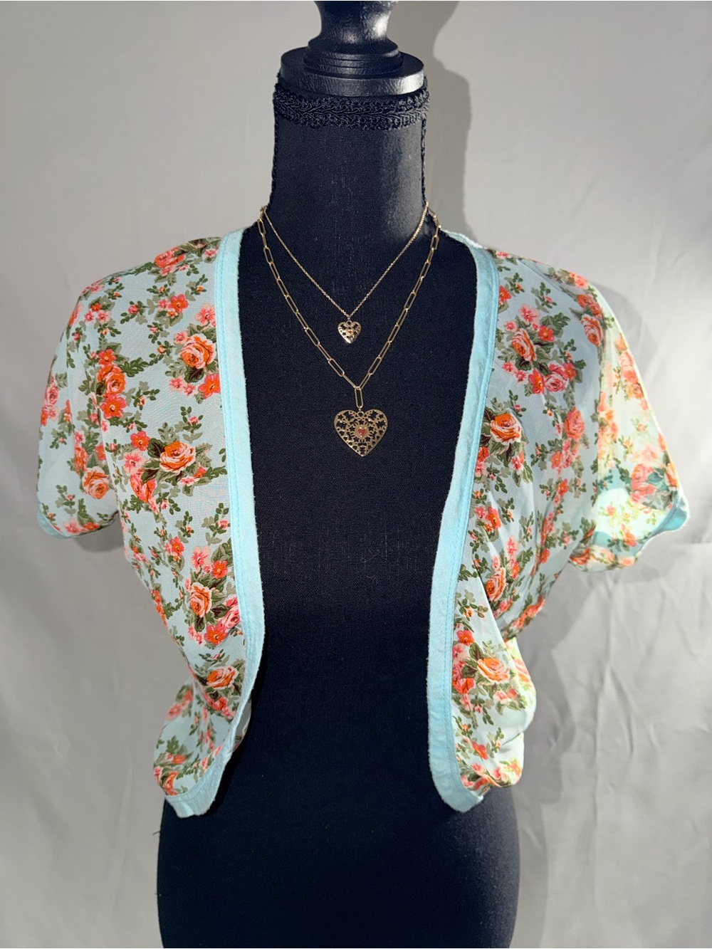 Sheer Floral Crop Cardigan Shrug in Mint with Coral Roses size S/M